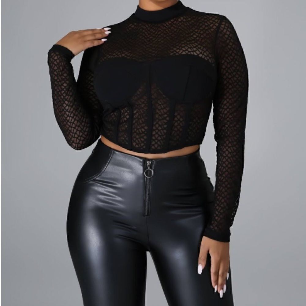 Privy Black Lace Detail Padded Bra Crop Top Corset Sheer Zipper